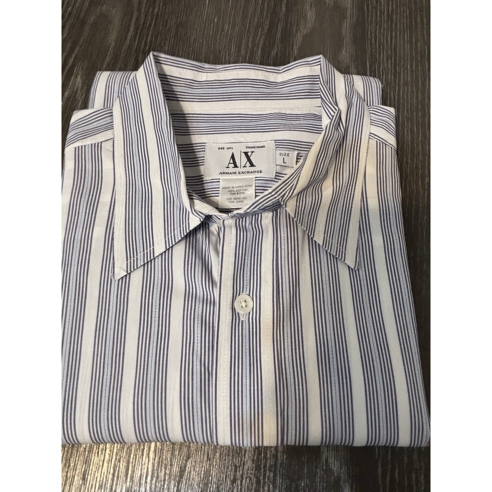 Armani Exchange Blue Stripe Mens Large ButtonUp Shirt LongSleeve Cotton Collared